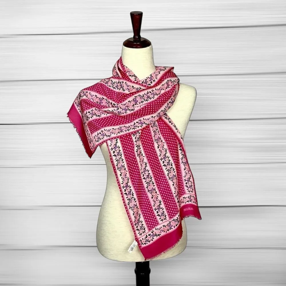 Bill Blass for Baar & Beards Silk Scarf Rectangle Raspberry Floral Hand Rolled